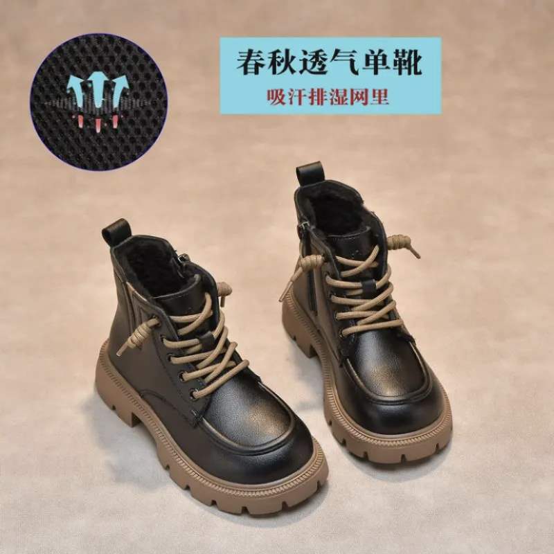Girls Martin Girls Fleece Boots Autumn and Winter New Foreign Style Girls Single Boots Soft Sole Fleece Short Boots Boys Leather Boots