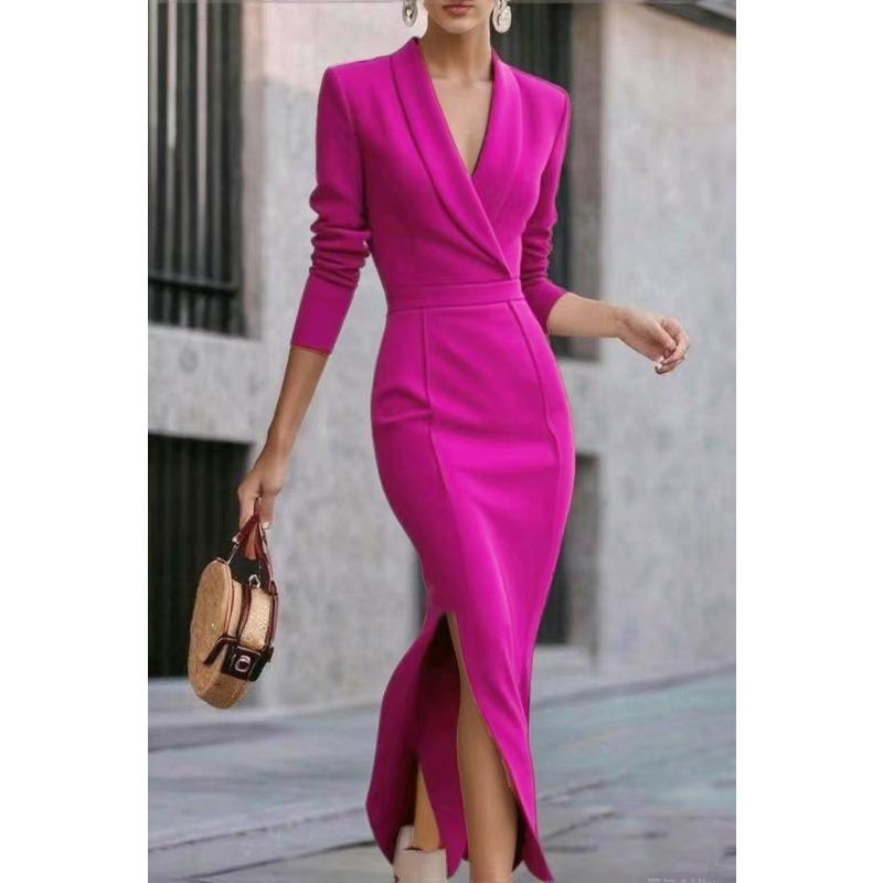 BITCED Women's Fashion Autumn Winter Solid Color Print Long Sleeve POLO Neck Casual Dresses