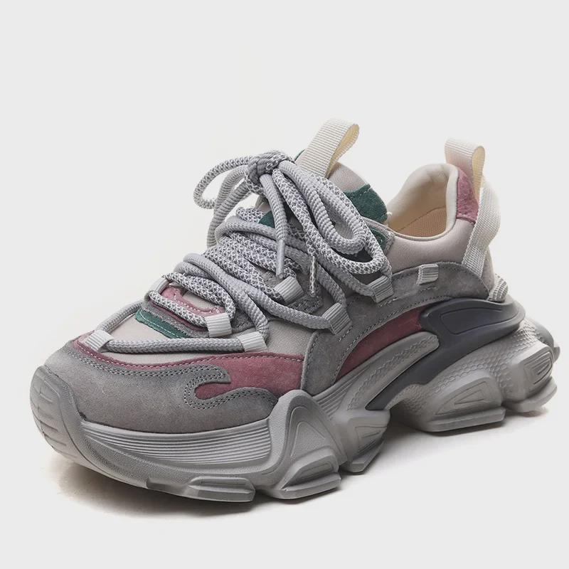 2024 Women's Genuine Leather Thick-Soled Dad Shoes: New Color Matching, Versatile Casual Sports Sneakers for Autumn