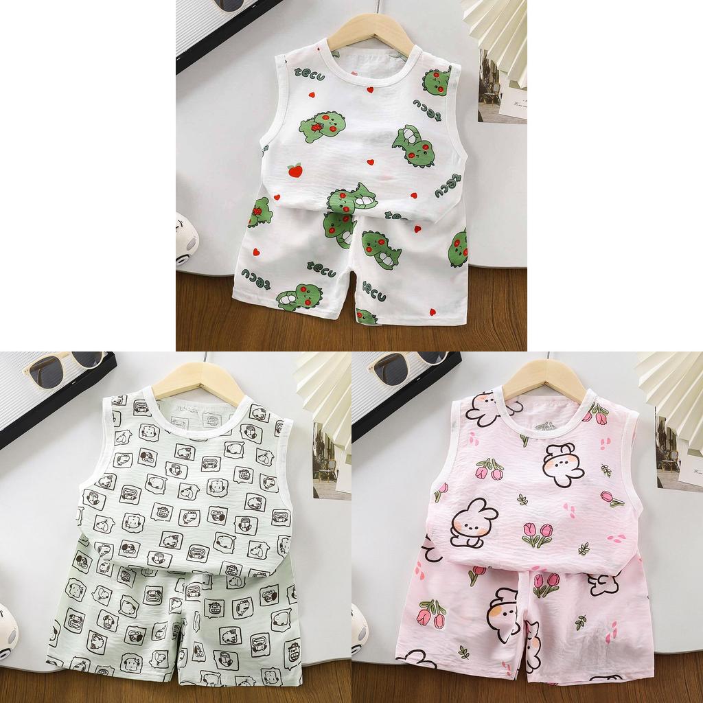 Cartoon Baby Sleeveless T Shirt Shorts Set Summer Lightweight Toddler Clothing For 1 To 3 Years Old