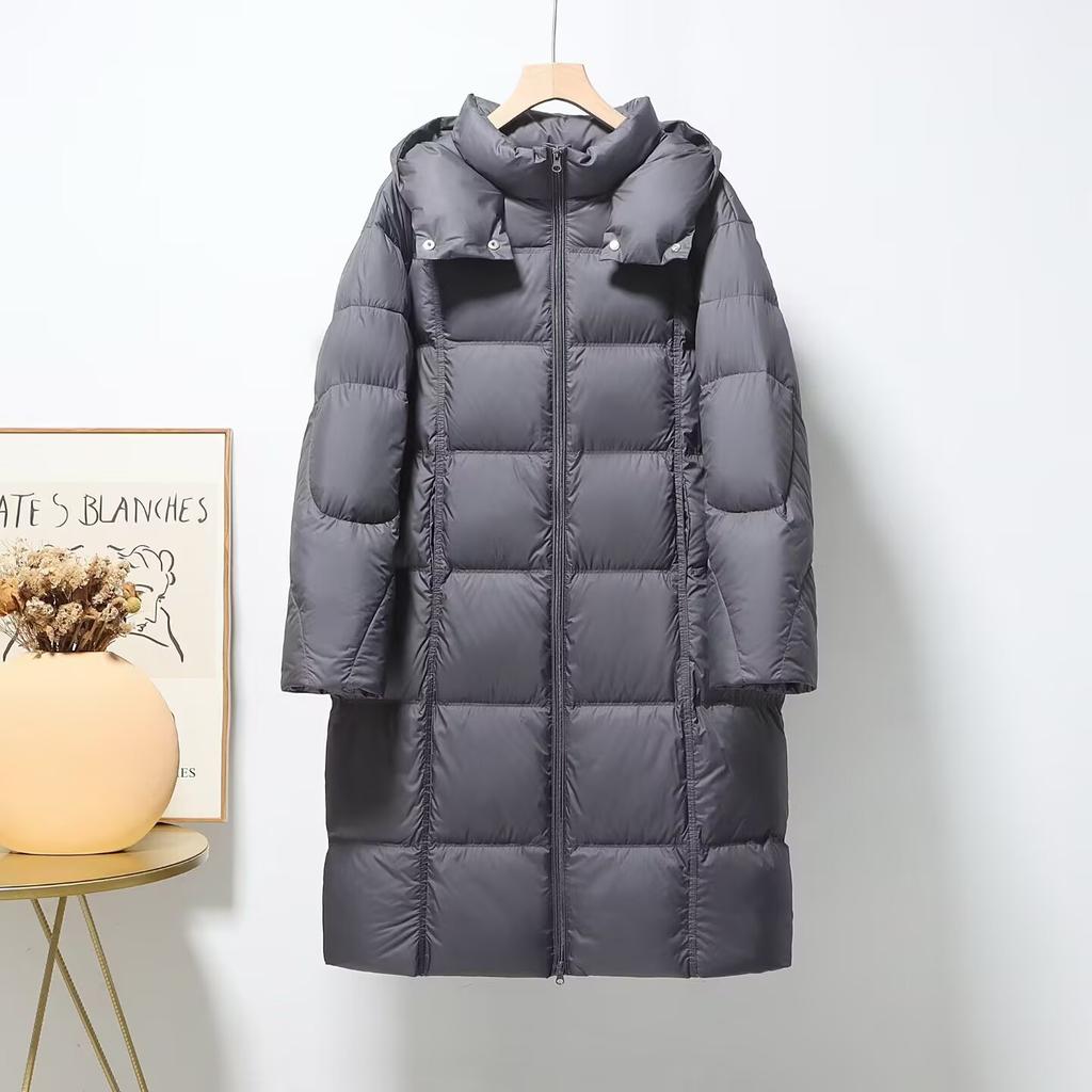 New Puff Down Jacket Women's Long Over Knee Simple Thickened Soft Waxy Warm Hooded White Duck Down Jacket