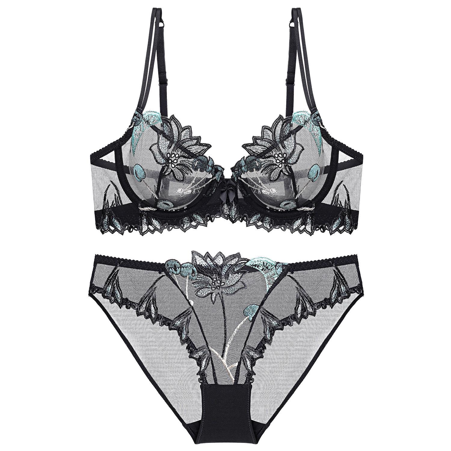 

1920 Вишневый Вышитый Ультратонкий Комплект Бюстгальтера: Девичий дизайн для изящного силуэта. 85C чёрный