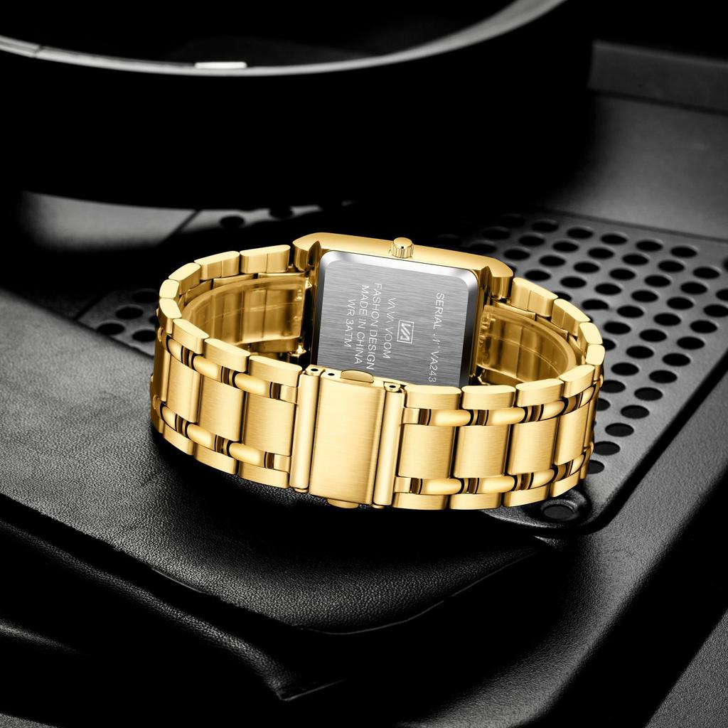 VA VA VOOM Rectangle Stainless Steel Men's Steel Strap Watch Gold Business Calendar Quartz Waterproof Watch Large Dial