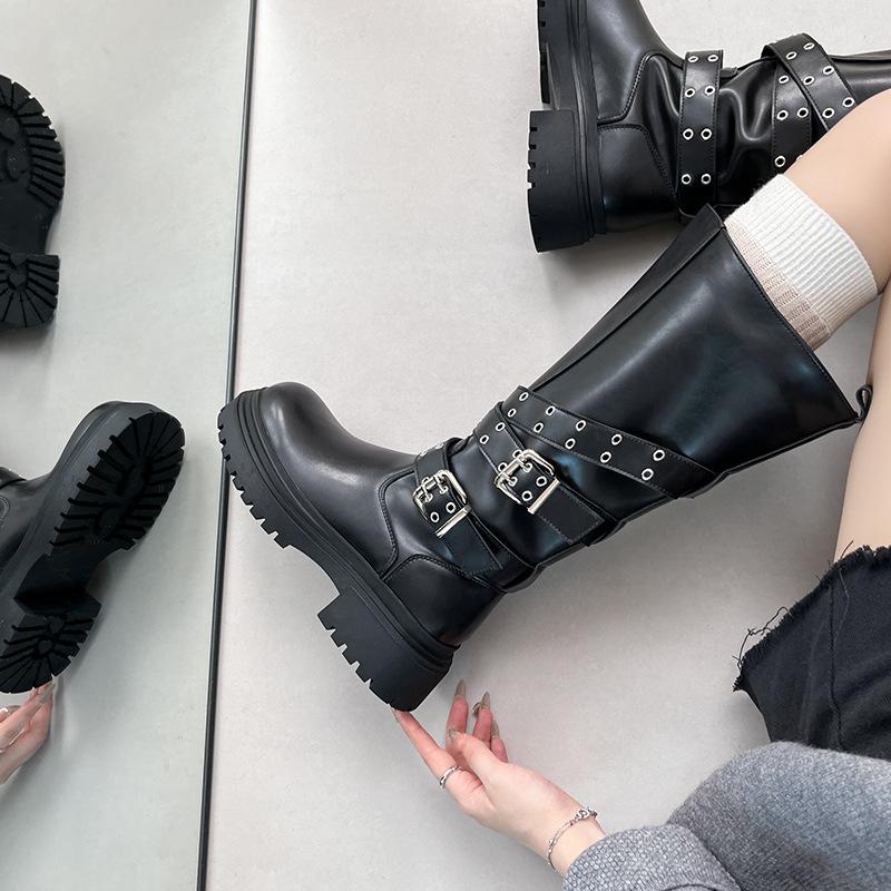 Wide tube thick sole belt buckle boots women's 2025 new punk British style thick heel thin heightening knight boots tall tube