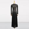 Hollow Out Mesh Maxi Dress High Collar Slim Fit Long Sleeve Robe High Waist Pleated Party Dresses New Lady Fashion Clothing
