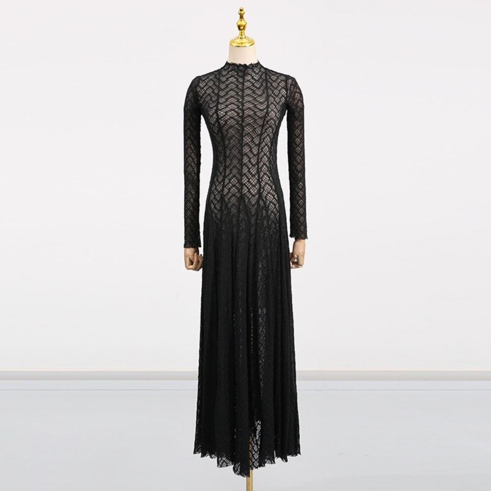 Hollow Out Mesh Maxi Dress High Collar Slim Fit Long Sleeve Robe High Waist Pleated Party Dresses New Lady Fashion Clothing