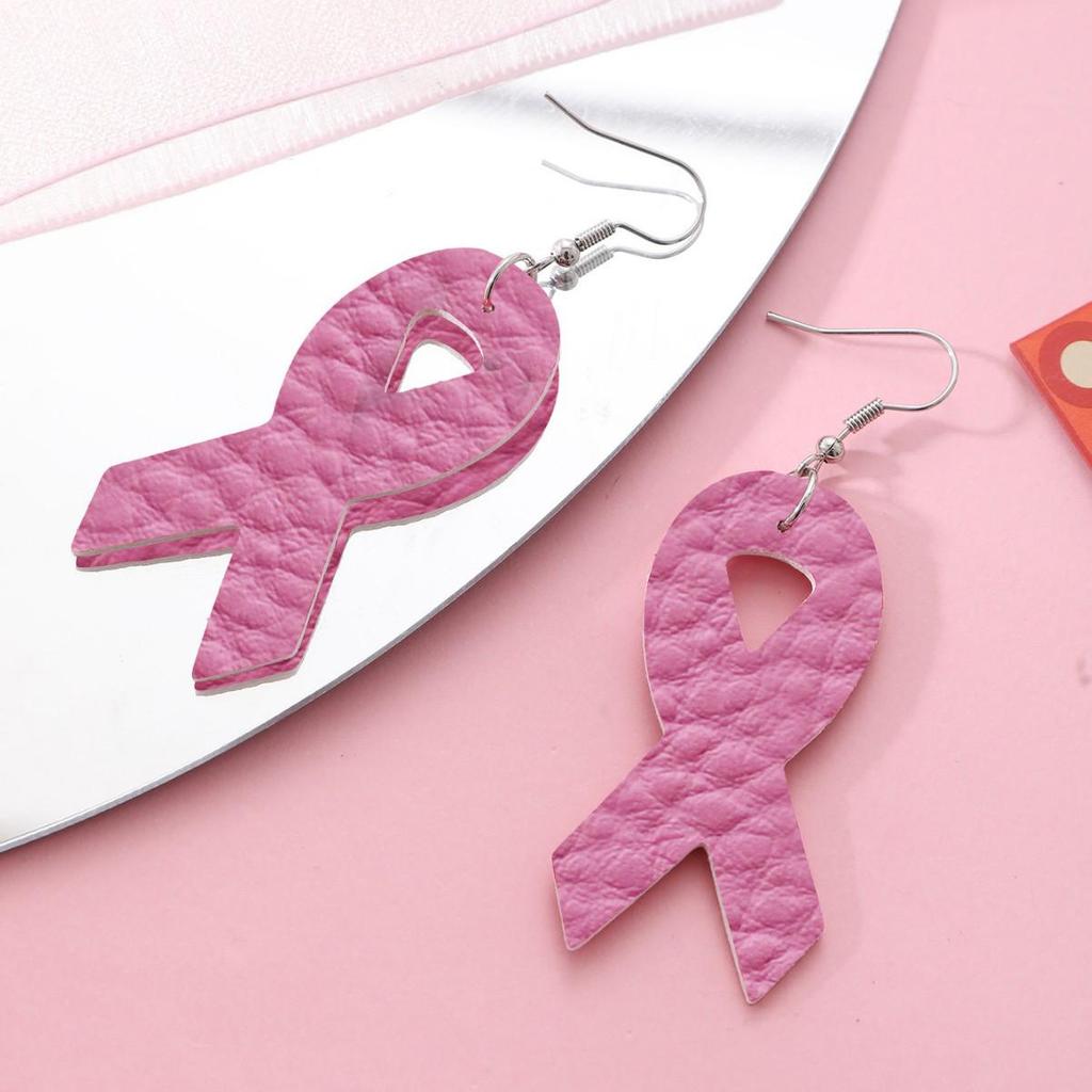 Women's Pink Ribbon PU Leather Earrings for Breast Cancer Awareness
