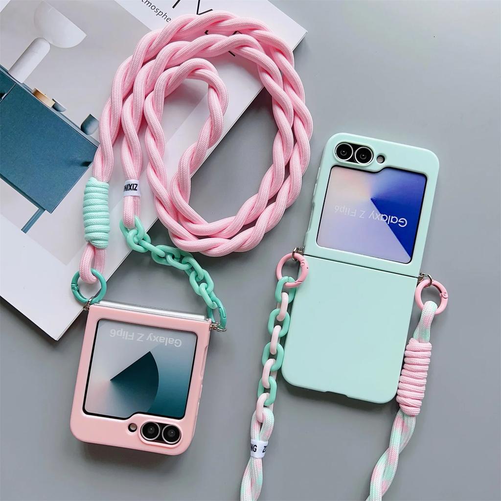 With Crossbody Lanyard Strap Slim Phone Case For Samsung Galaxy Z Flip 4 5 6 7 Fe Flip6 Flip5 Flip7 Cute Candy Protective Cover