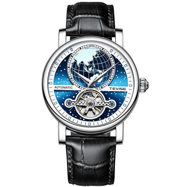 TEVISE Tourbillon Uhr Leuchtend Mechanisch Skelett Herren Armbanduhr Wasserdicht Echtes Leder Uhr