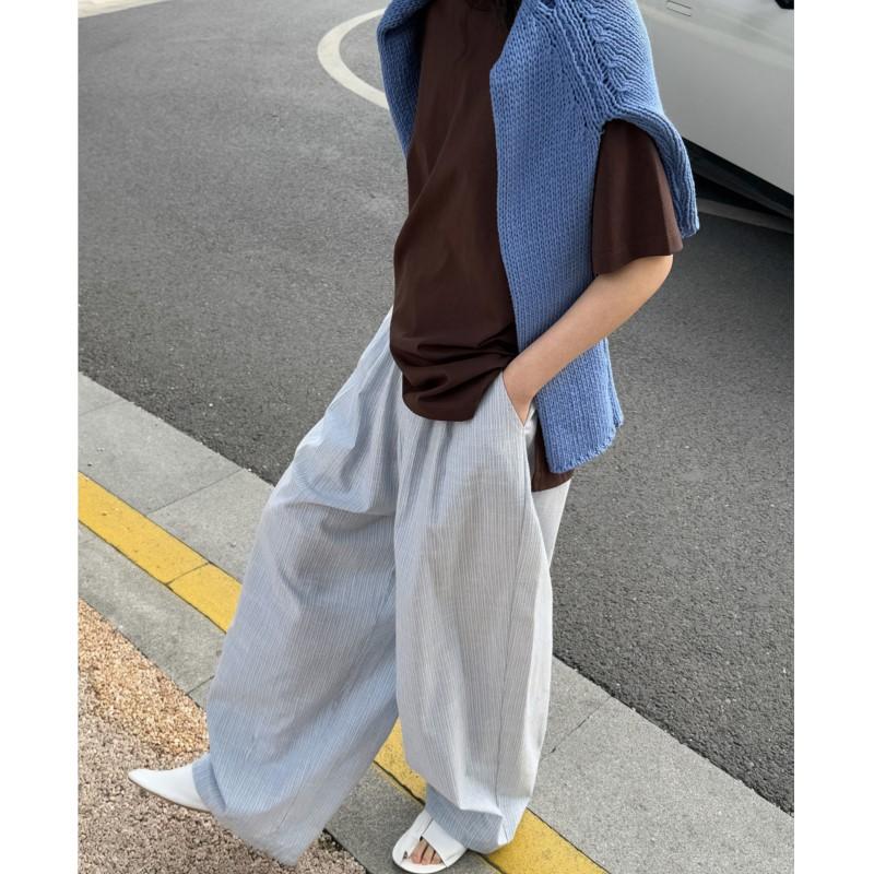 Johnature Korean Lazy Relaxed Striped Women Pants Spring Summer Casual Elastic Waist Loose Wide-leg Trousers