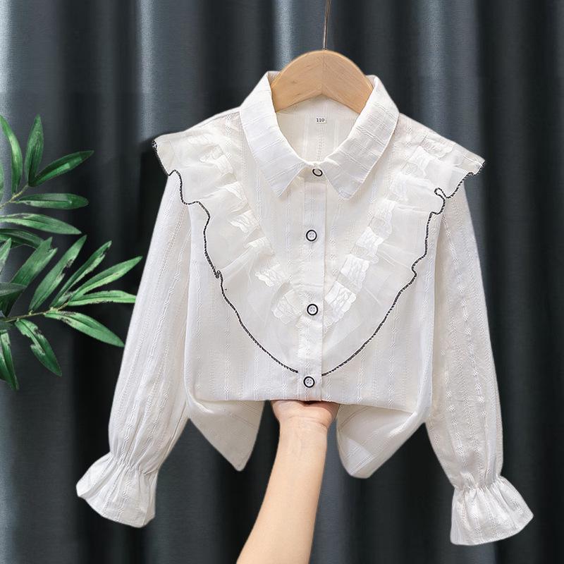 Girls' White Long Sleeve Lace Shirt - Spring/Autumn Class Uniform, Performance Costume.