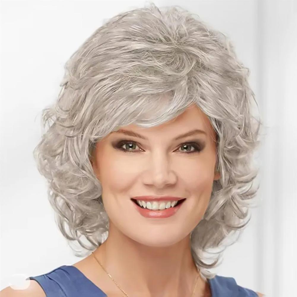

High Temperature Silk Short Curly Hair Wig Fashion Side Swept Bangs Wig White/Black/Brown Wig Cover серый