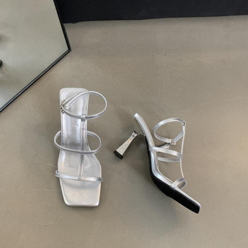 2025 Summer New Square Head Stiletto Celebrity High Word Strap Roman Sandals High Heel Sandals Women