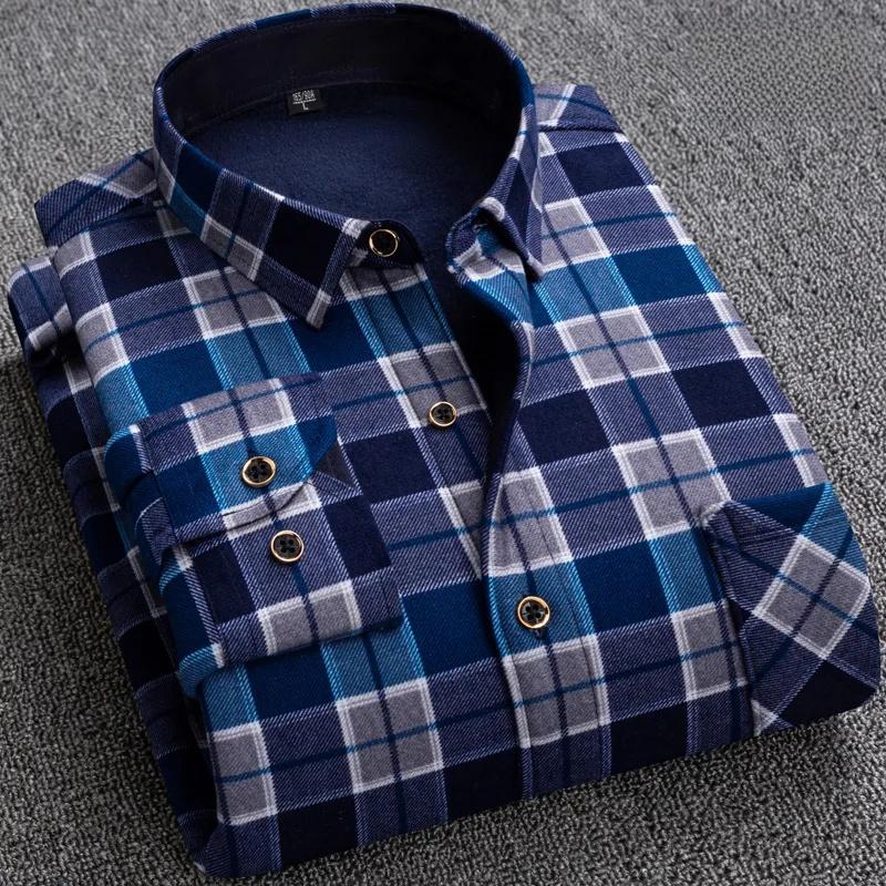 Men's Thickened Fleece Lined Long Sleeve Shirt Warm Slim Fit Plaid Casual Fashion Winter Shirt No Ironing Required Male Apparel