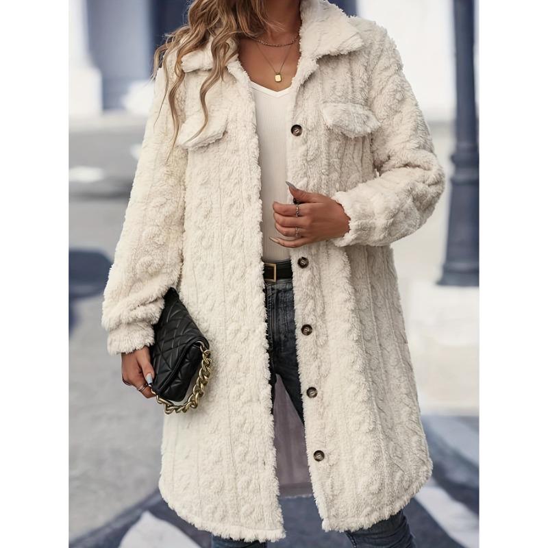 Women Turn Down Collar Button Front Long Double Fleece Casual Coat