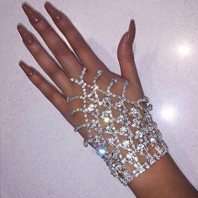 Elegantes Pulseras Nupciales de Pedrería Stonefans Pulsera de Malla de Cristal Cadena de Mano Brazalete de Boda Anillos de Dedo Accesorios de Mano para Mujer
