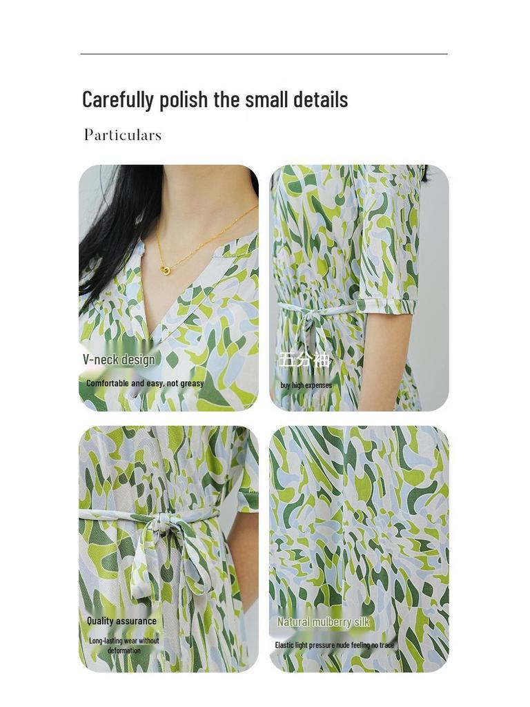 Damska długa sukienka z jedwabiu morwowego z dekoltem w serek – Dopasowana w talii, z rękawem do połowy, Wygodna