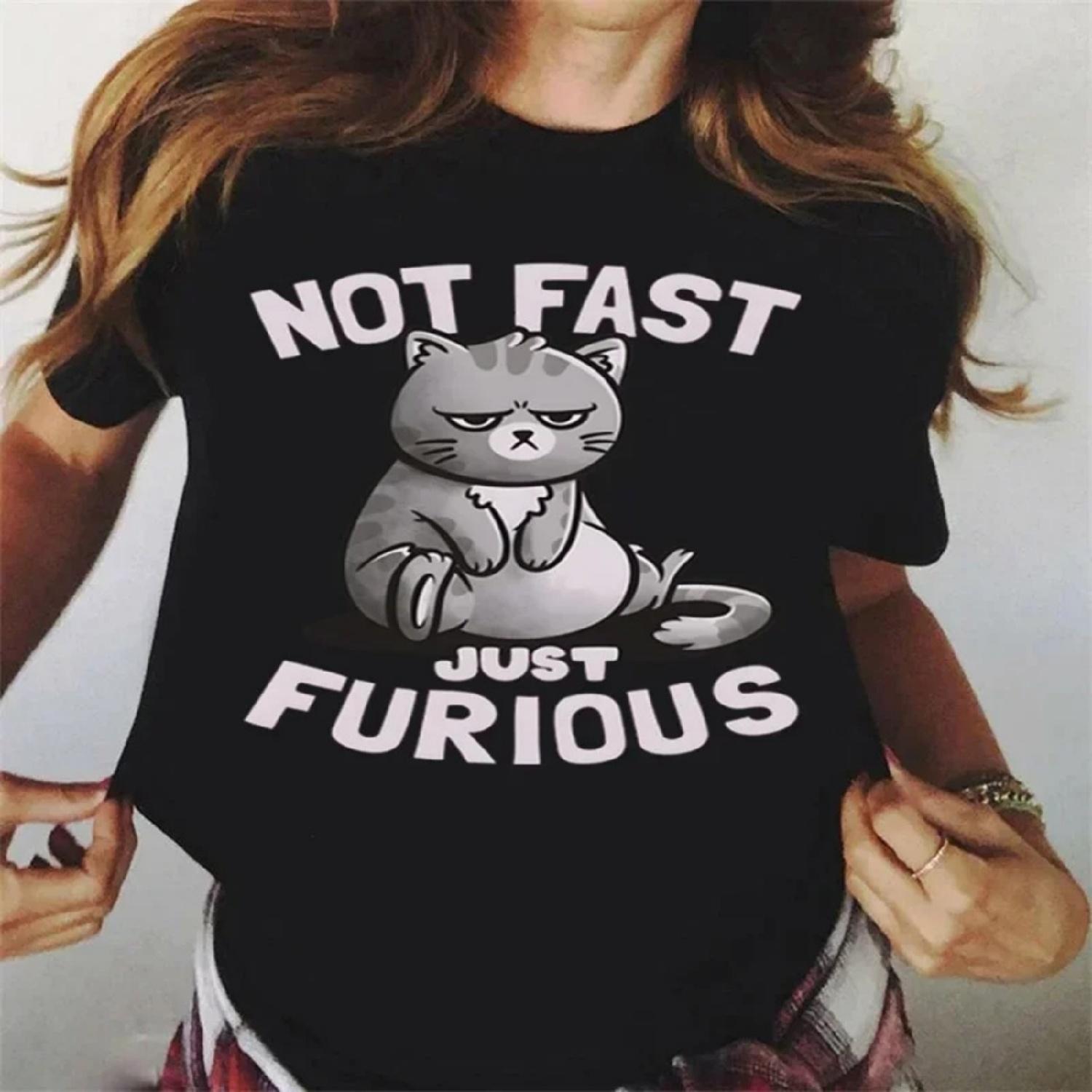 Not Fast Just Furious Cute Funny Cat Print T Shirt for Women Oversized Women Tshirt Ladies Summer Fashion Tee Shirt Trend Tops XXXXXL разноцветный