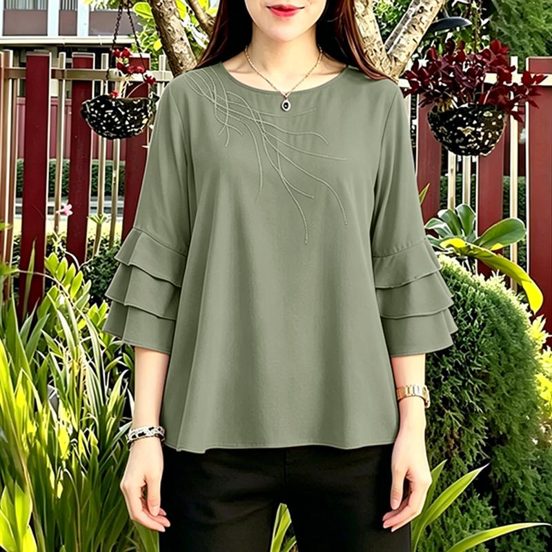 ZANZEA Women Casual Round Neck 3/4 Sleeve Embroidery Print Loose Blouse Ruffles 