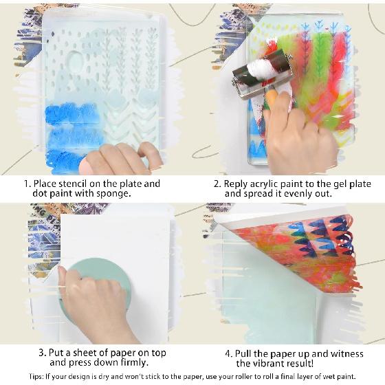 BuzzBright Gel Printing Plate kit, Complete Printmaking Set with 5”X7” Gelatin Plate, Brayer, Printmaking Paper, Acrylic Paint and Essential