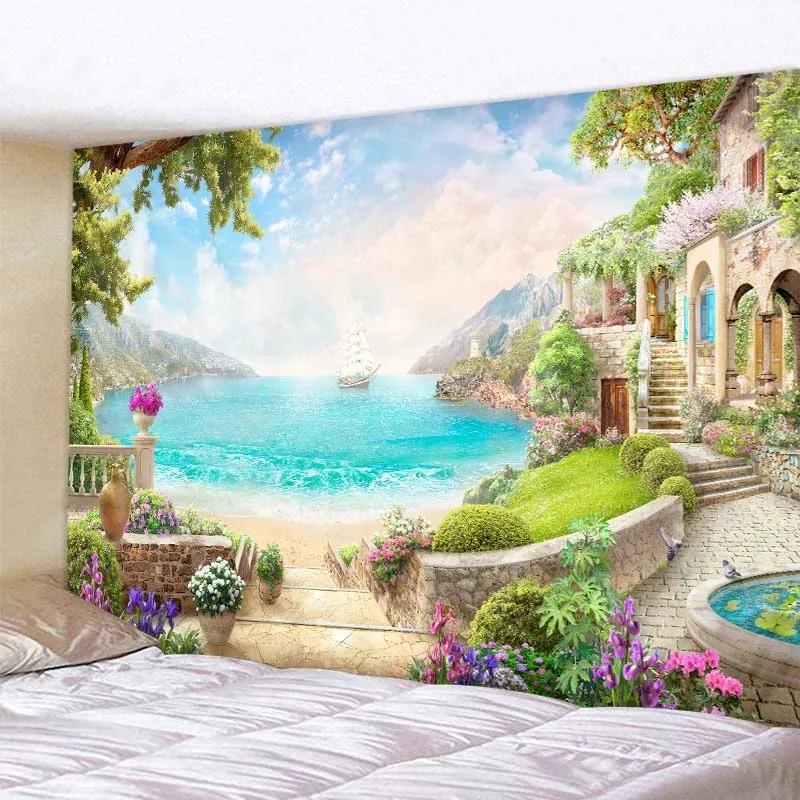 Bohemian aesthetic home wall decoration beautiful landscape tapestry European garden sea view wall hanging hippie