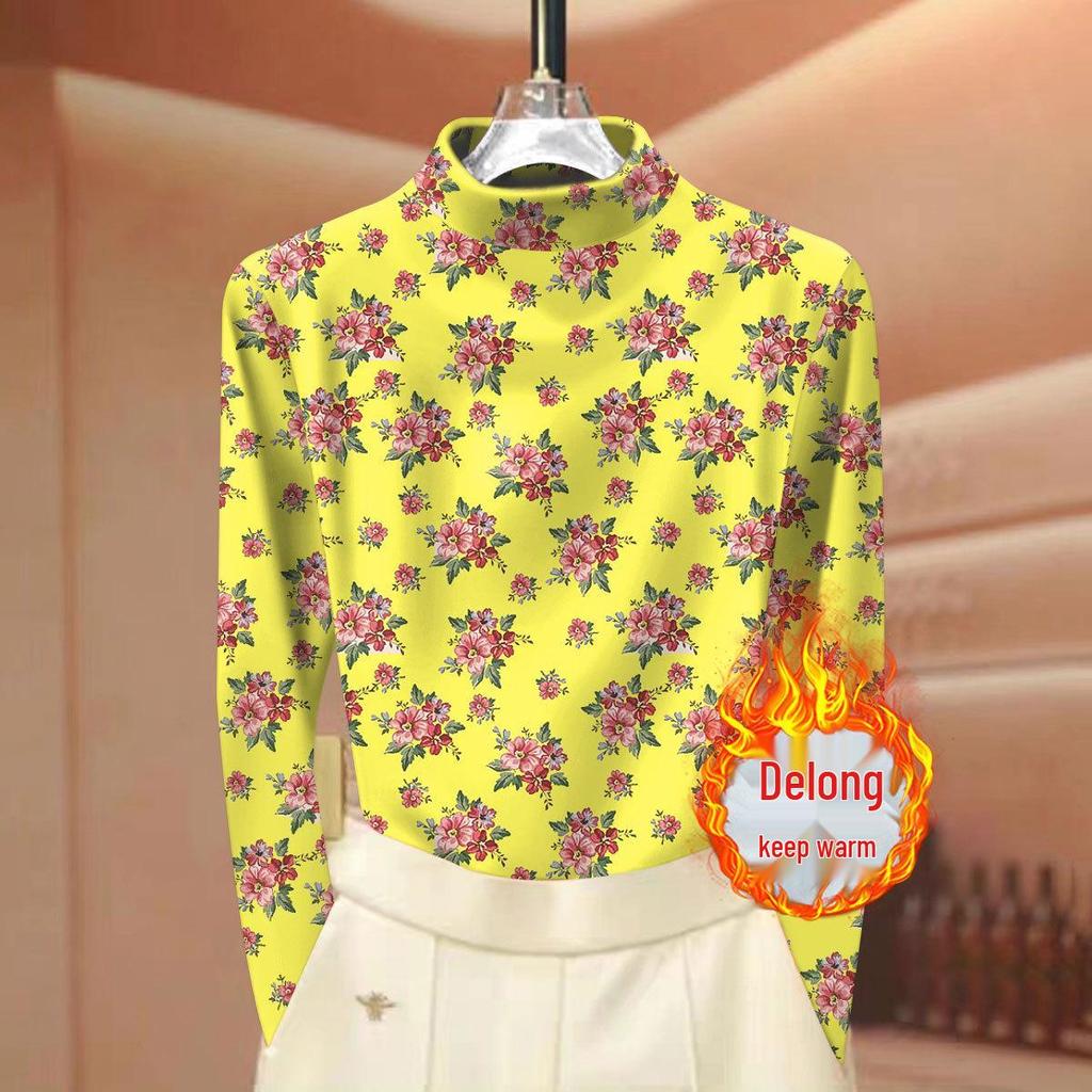 Women's Ribbed Fleece Floral Print Base Layer: Half-High Neck, Long Sleeve, Autumn/Winter Mom's Wear.