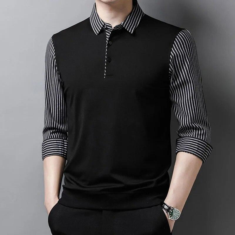 Polo da uomo casual da lavoro, finte due pezzi, con giunture, primavera, autunno, abbigliamento casual maschile, tendenza, camicie a righe a maniche lunghe