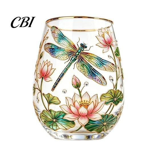 Patterned Translucent Glass Cup, Egg Shape Clear Lead-Free Crystal Enamel Painted Golden Rim Water Cup Vintage Drinking Tumbler, Large Capacity