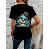 European sizes Cute Cartoon Designs Featuring Sea Turtles, Stylish Women'S Short-Sleeve Top with a Fitted Round Neck.