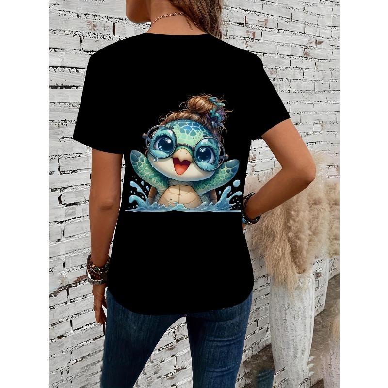 European sizes Cute Cartoon Designs Featuring Sea Turtles, Stylish Women'S Short-Sleeve Top with a Fitted Round Neck.
