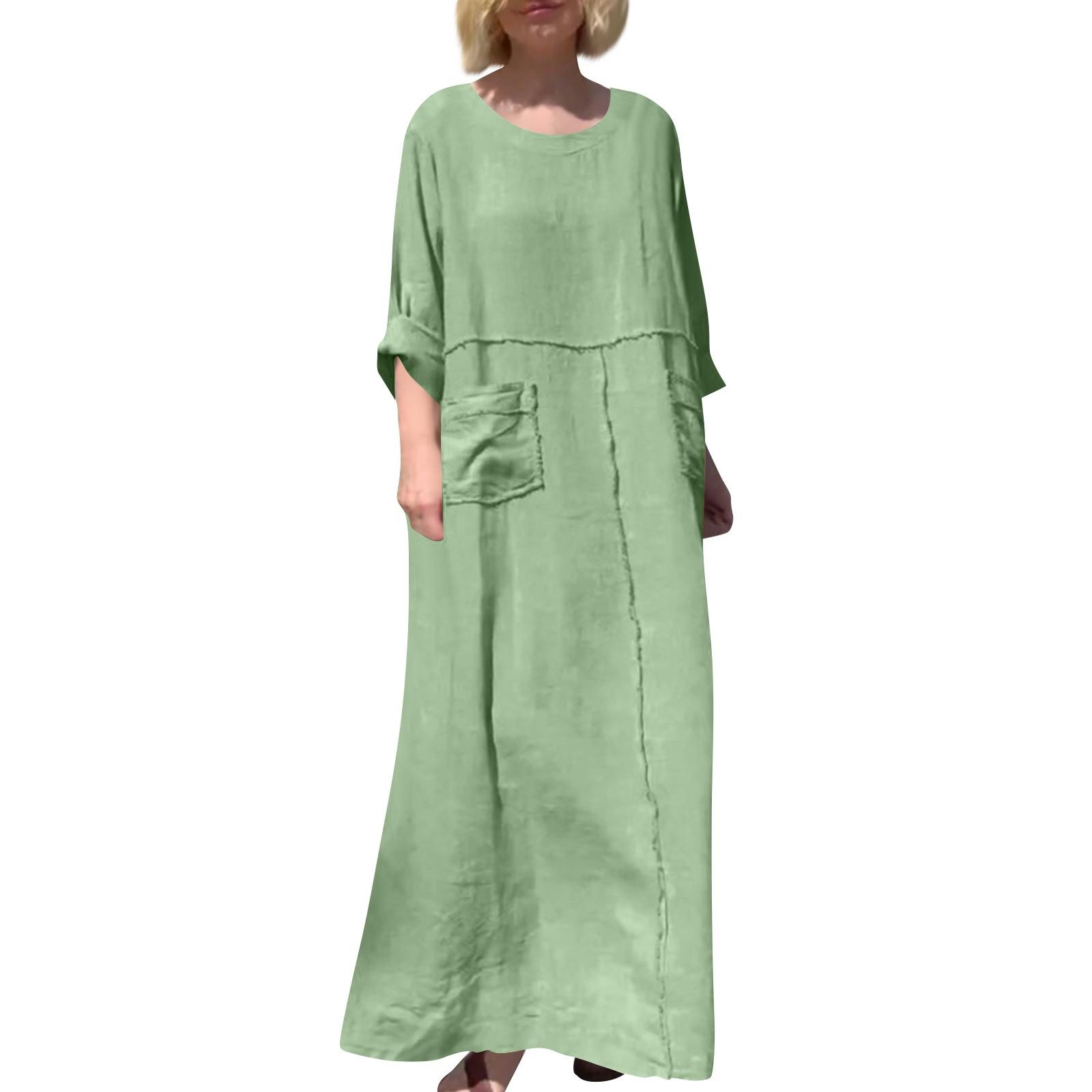 

Женское модное однотонное платье с круглым вырезом, длинными рукавами, повседневное, плиссированное, с двусторонними карманами, из хлопка и льна XL зелёный
