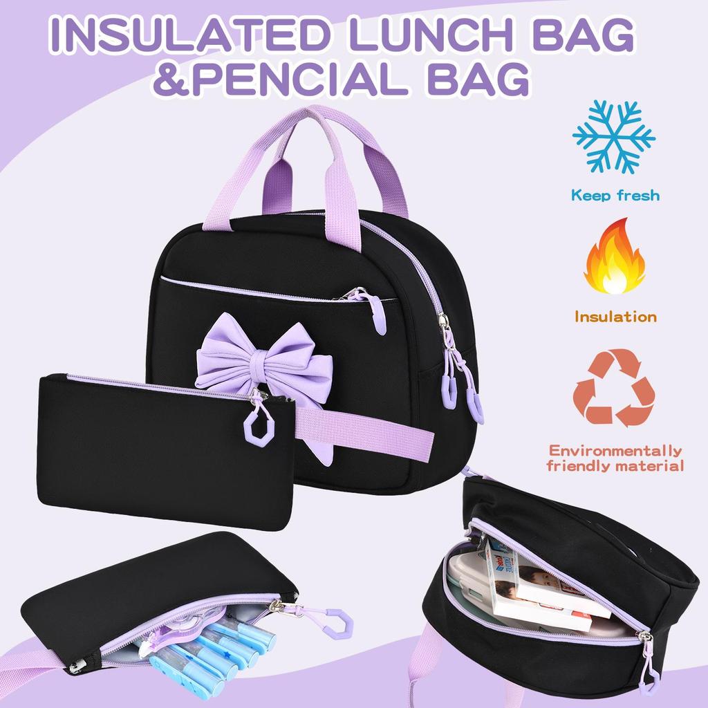 Set Zaino Viola 3 Pezzi: Zaino Scolastico, Borsa Pranzo e Borsone per Libri per Studenti