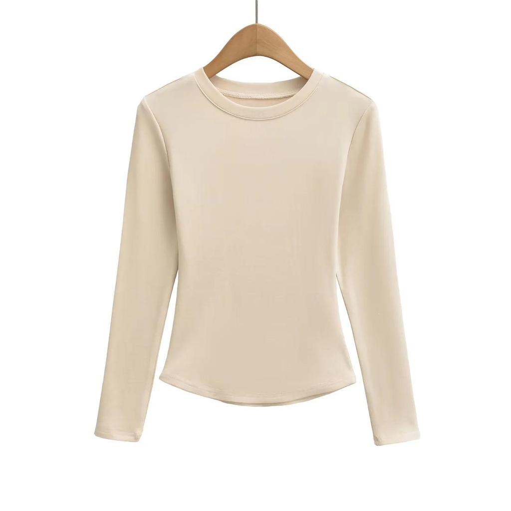 Women's Spicy Girl Round Neck Long Sleeve Yoga Tee - Slim Fit, Solid Color, Elastic Base Layer