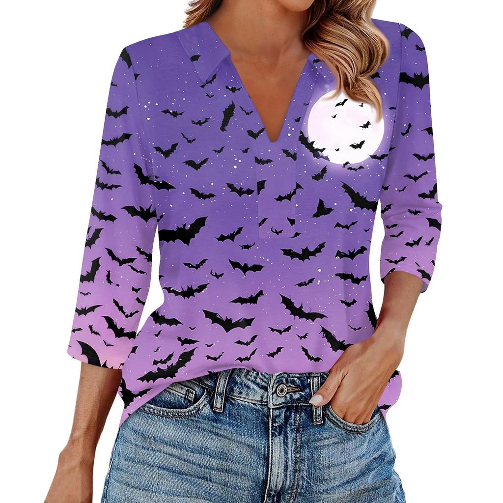 Modă Femei Casual Rever Mânecă 3/4 Cămașă cu Imprimeu Halloween Topuri cu Decolteu în V pentru Femei