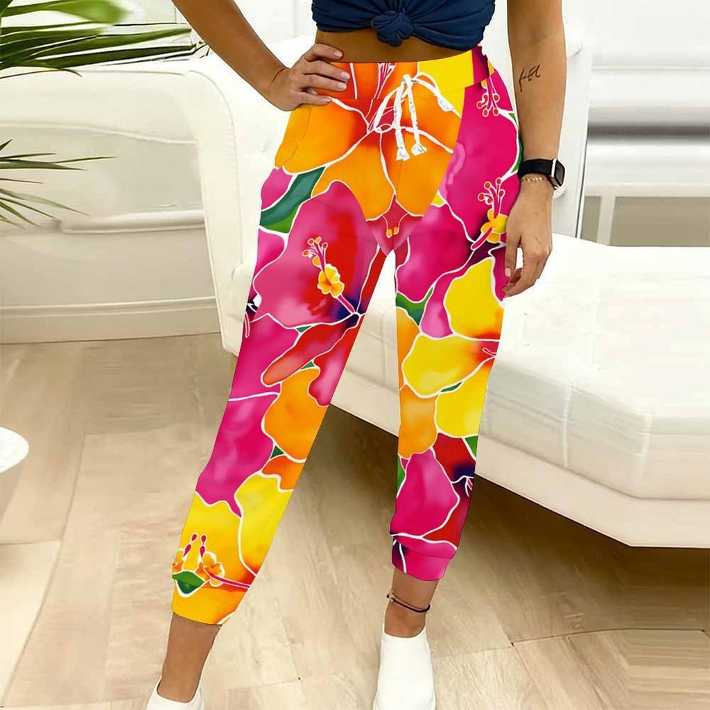 Summer Ladies Mottled Patterns Printed Sweatpants Loose Fit Drawstring Joggers Elastic Cuff Daily Casual Pants
