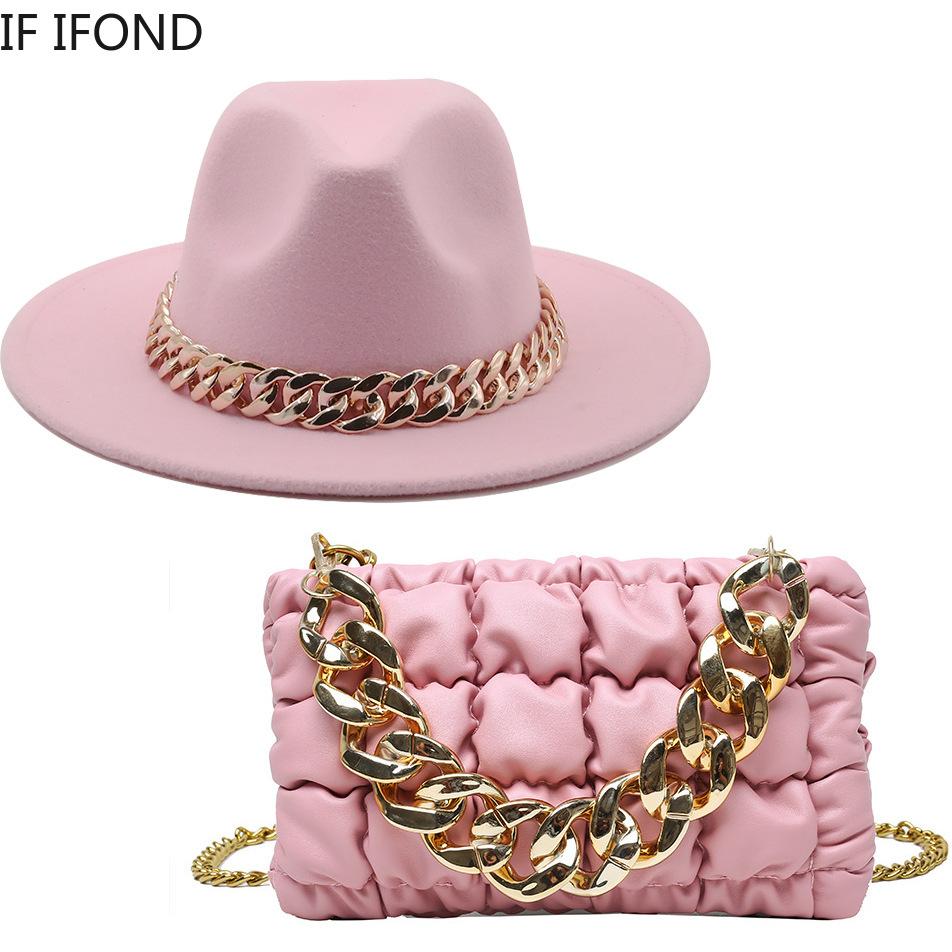Hat For Women Autumn Winter New Party Jazz Fedora Hats With Fashion Luxury Oversized Chain Accessory Bag Two-piece Set