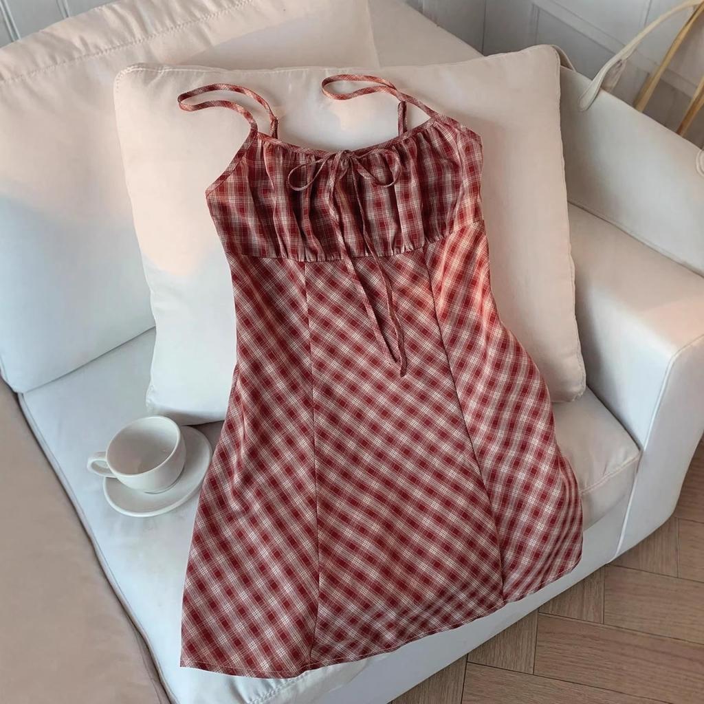 Neues Frisches Karriertes Träger-Sonnenkleid Für Damen Lässiges Sommerkleid Europa Und Amerika Crossbody-Stil
