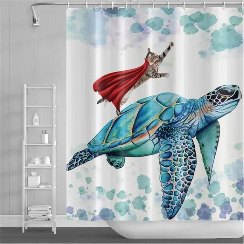 Underwater World Bathroom Shower Curtain Sea Turtle Dolphin Ocean Creature Landscape Bath Curtains Children Cloth Bathroom Decor