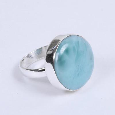 Natural Larimar Round Gemstone Ring, Solid 925 Sterling Silver Ring, Women Ring, Birthday Anniversary Gift, Handmade Ring