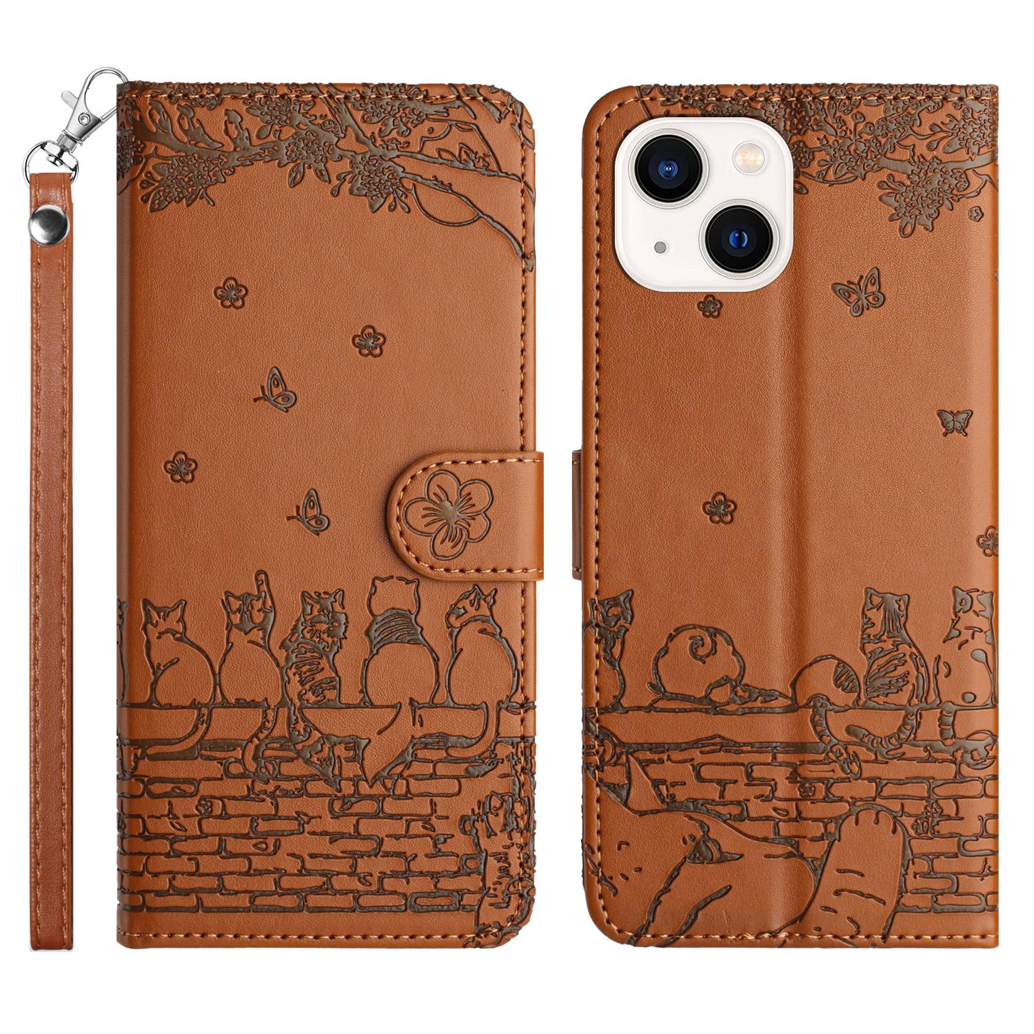 

Wall Cats Imprinted Phone Cover for iPhone 15,Stand Wallet Anti-drop Leather Case with Strap Brown