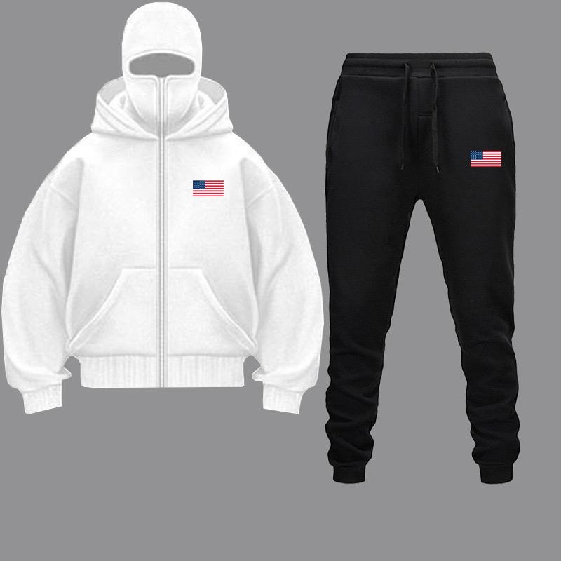 USA Hat Hoodies Pants Set Autumn Winter Balaclava Hooded Sweatshirt Trendy Hip Hop Men Women Couple Face Mask Zipper Hoodie