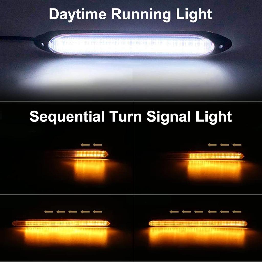 Exterior Car LED Lights, 2Pcs Flexible Daytime Running Light Strip Waterproof Auto Headlight Sequential White Turn Signal Yellow Led Light, 13.6