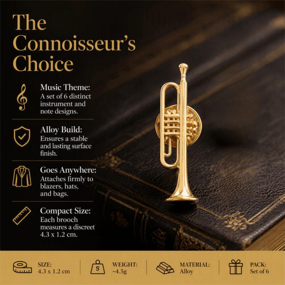 6pcs Pin Back Musical Instrument Brooch Gold Finish Alloy Material Dress Clip Brooch Multi‑Pattern Set Shape Brooch Pin