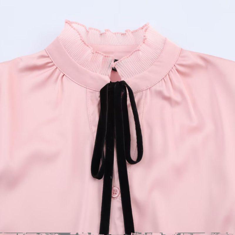 Kaslead New Arrival Women's Fashion Style Fashion Satin Chiffon Flounce Trim Lace Up Long Sleeves Shirt