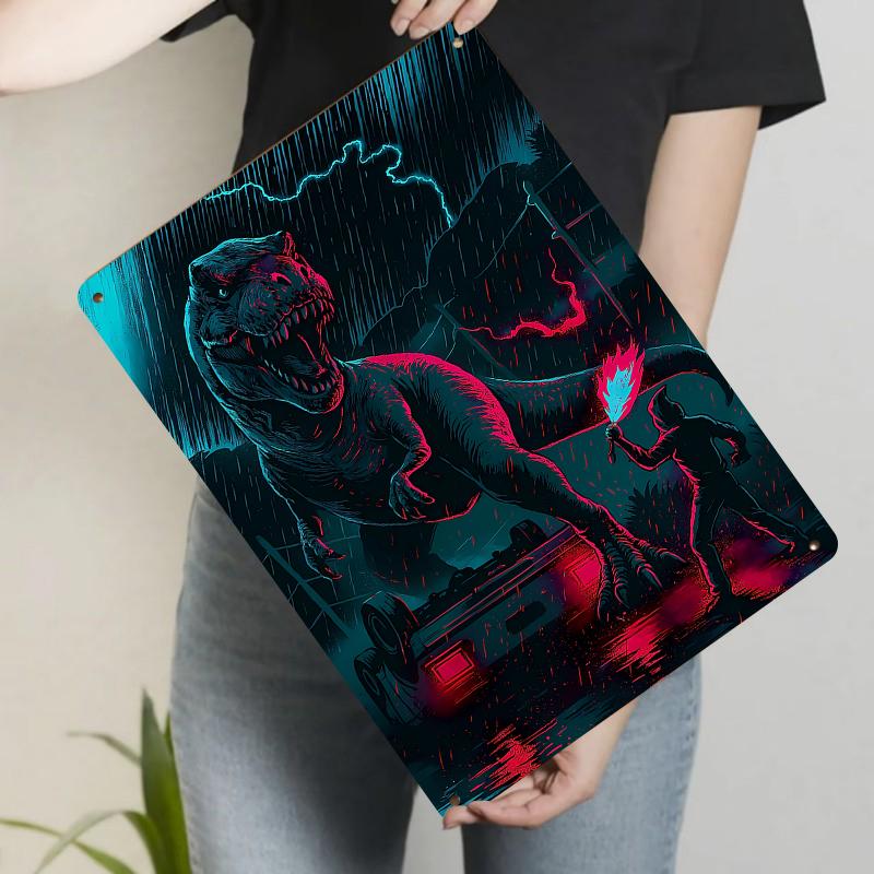 

Jurassic Park TRex Rainy Night Scene Metal Wall Art Decorative Painting Home Decor Collectible 20x30cm（7.8x11.8inch）
