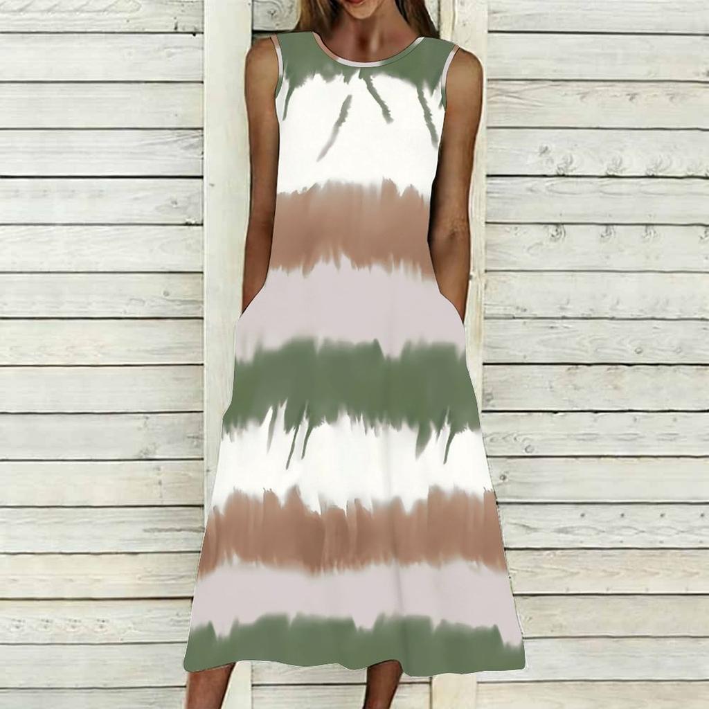 Oversized Women Sleeveless Round Neck Dress Striking Large Floral Pattern Loose Calf Length Gown