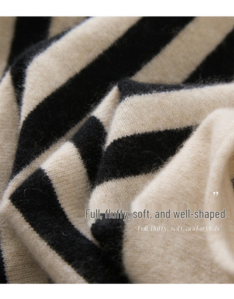 2025 Fall/Winter Women's 100% Cashmere Color Block Retro Stripe Round Neck Pullover Sweater