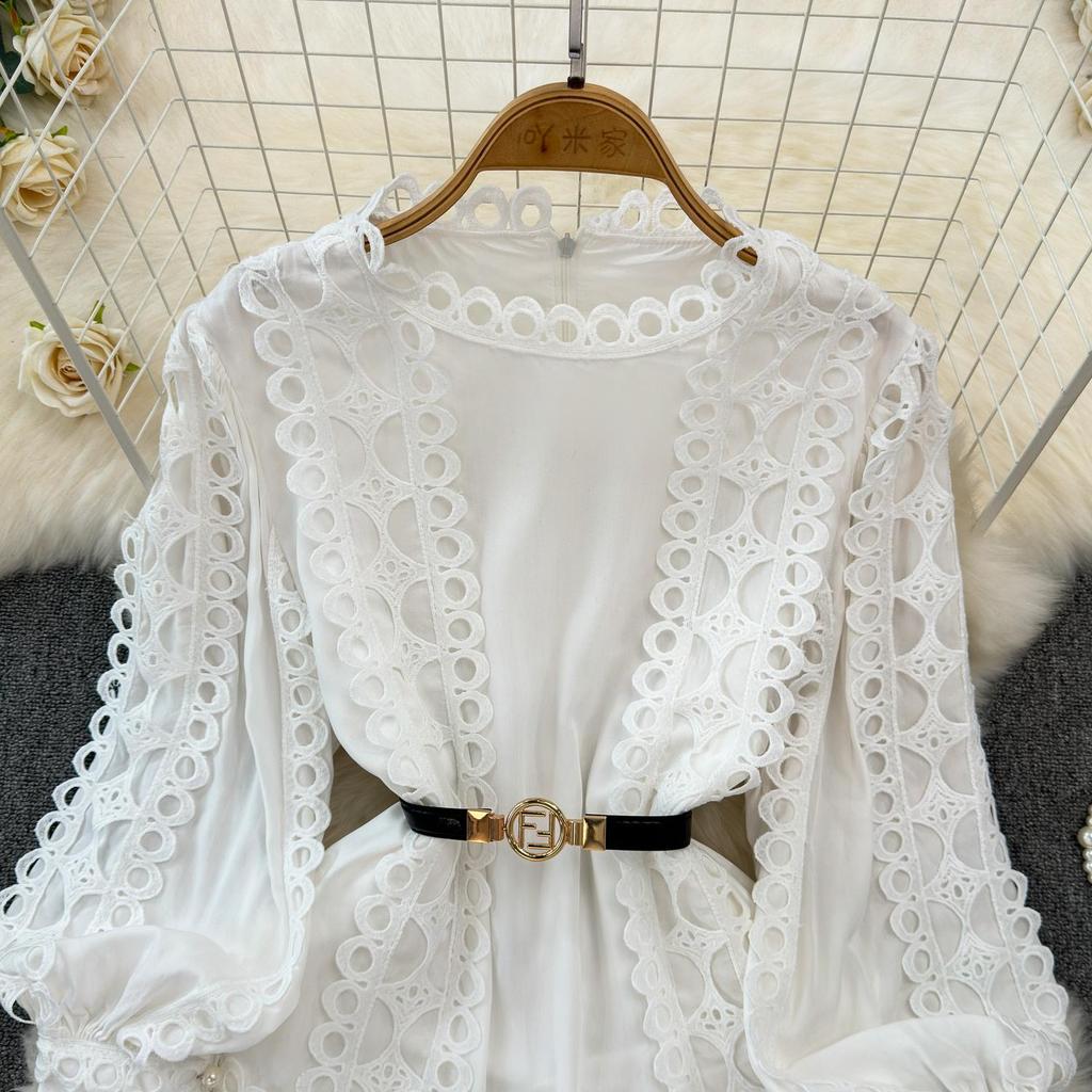 Elegant Crochet Lace Dresses for Women Hollow Out O Neck Lantern Sleeve A Line Belted Vestidos Court Style Dress Dropship
