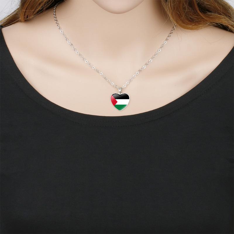 Womens Stylish Necklace Cross Chain With Charming Heart Palestinian Pendant Flag