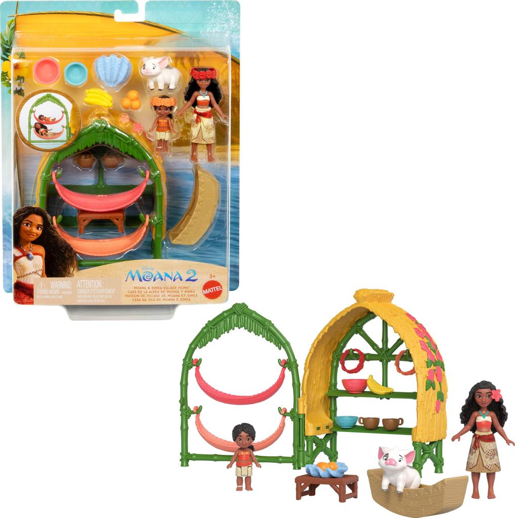 Mattel Disney Moana 2 Toy Moana Simea Village Home Playset with 2 Small Poor and 15 Accessories & Dolls, Figures,